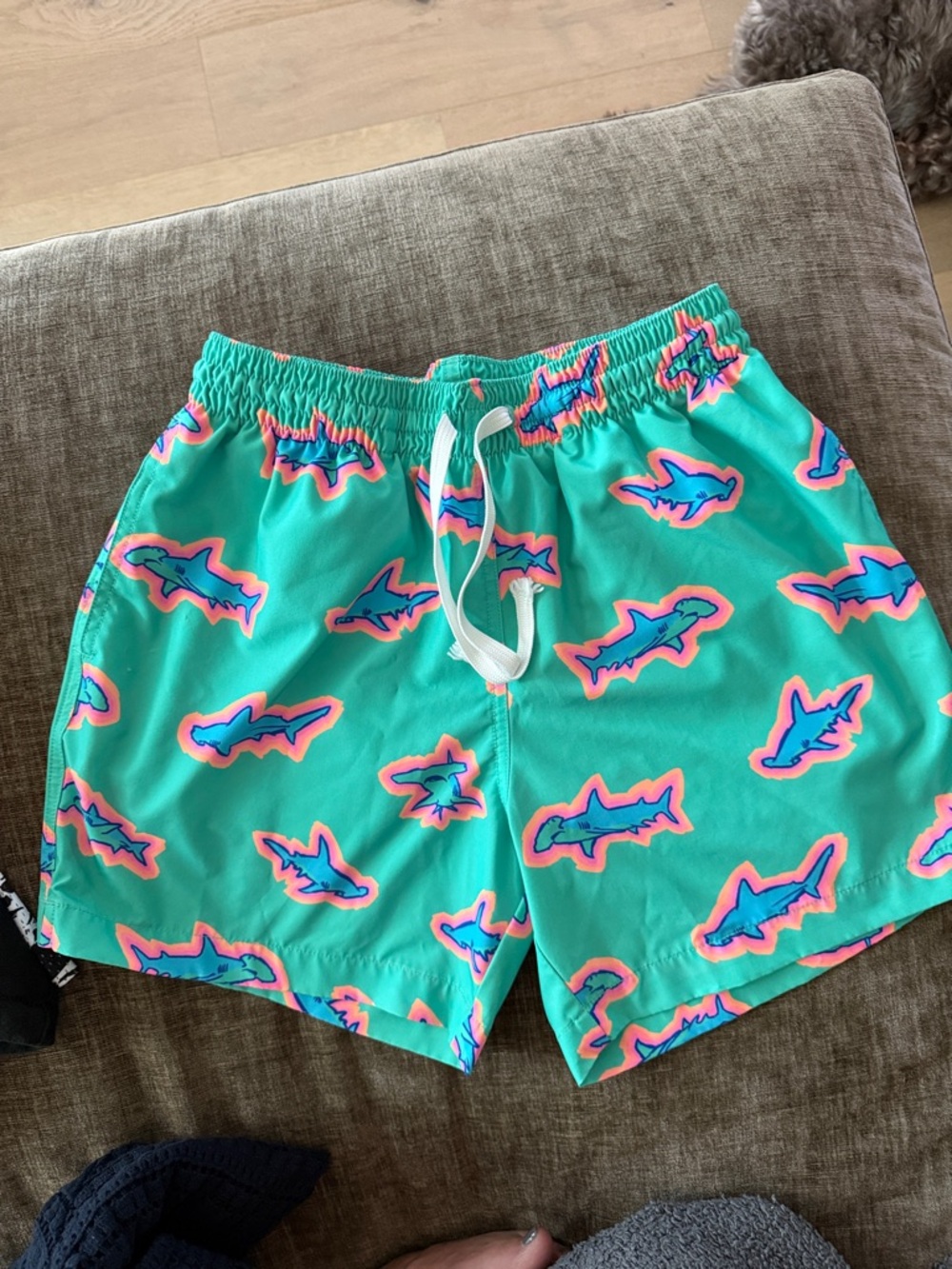 chubbies Teal Swim Trunks with Pink and Blue Shark Print